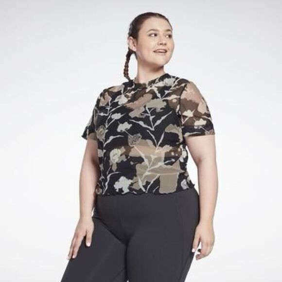 Reebok Plus Size Floral-Print Mesh T-Shirt - Black Size 1X - Picture 1 of 3